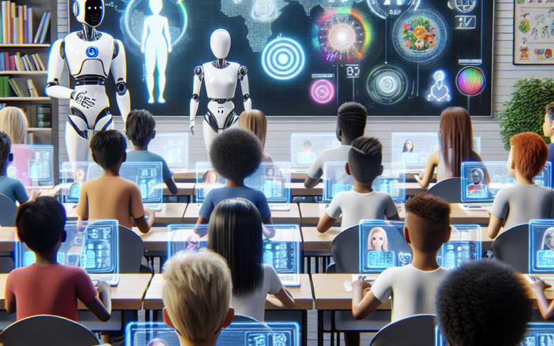 Alt text: "AI technology enhancing personalized education, showcasing diverse students engaged with adaptive learning tools in a modern classroom setting."