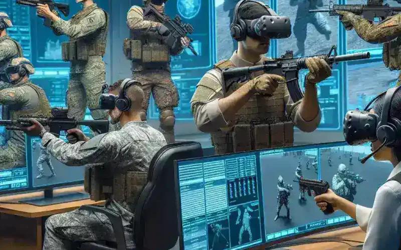 "Soldier using virtual reality equipment for immersive military training simulation, showcasing the impact of VR technology on modern defense strategies."